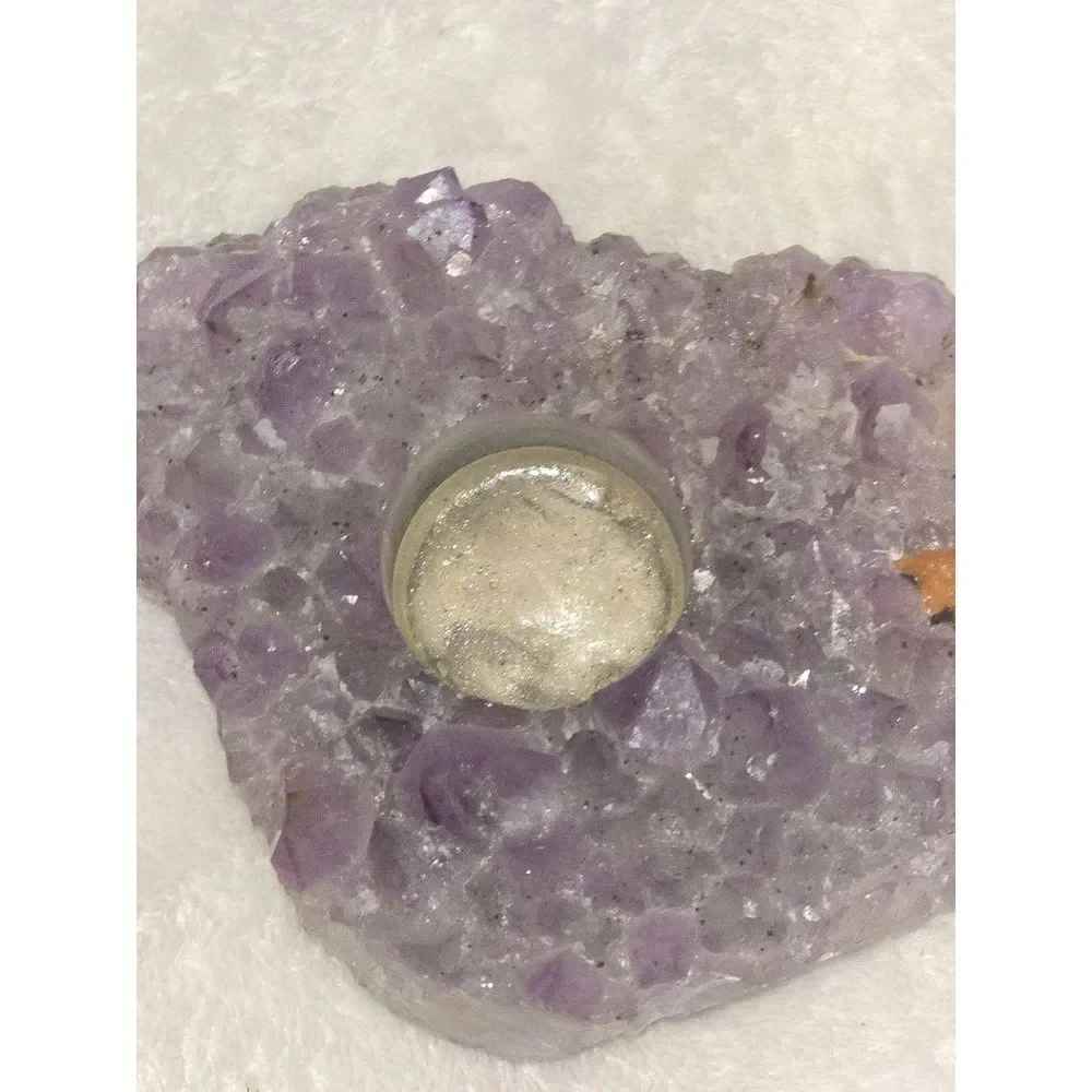 Natural Amethyst Crystal Geode Tea Light Holder LED Flameless Candle Home Decor